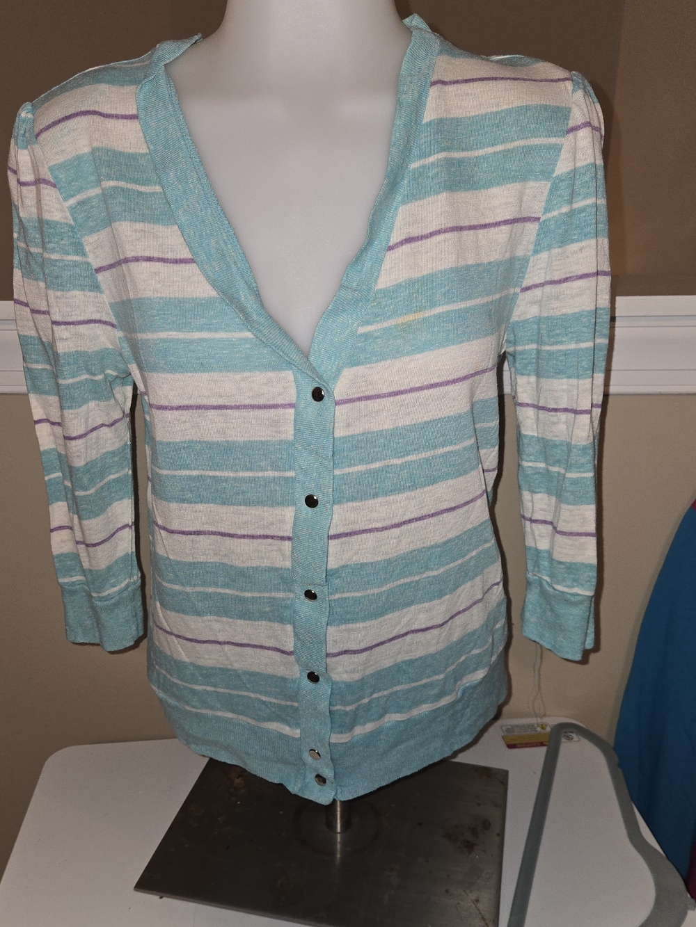 Light Aqua and Cream Striped Button Cardigan with Lavender Accents